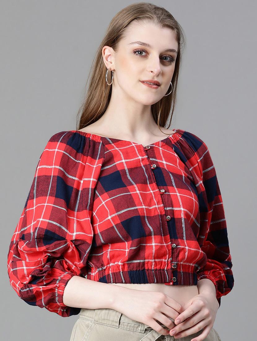 women red checkered blouson top - 20615219 - Standard Image - 2