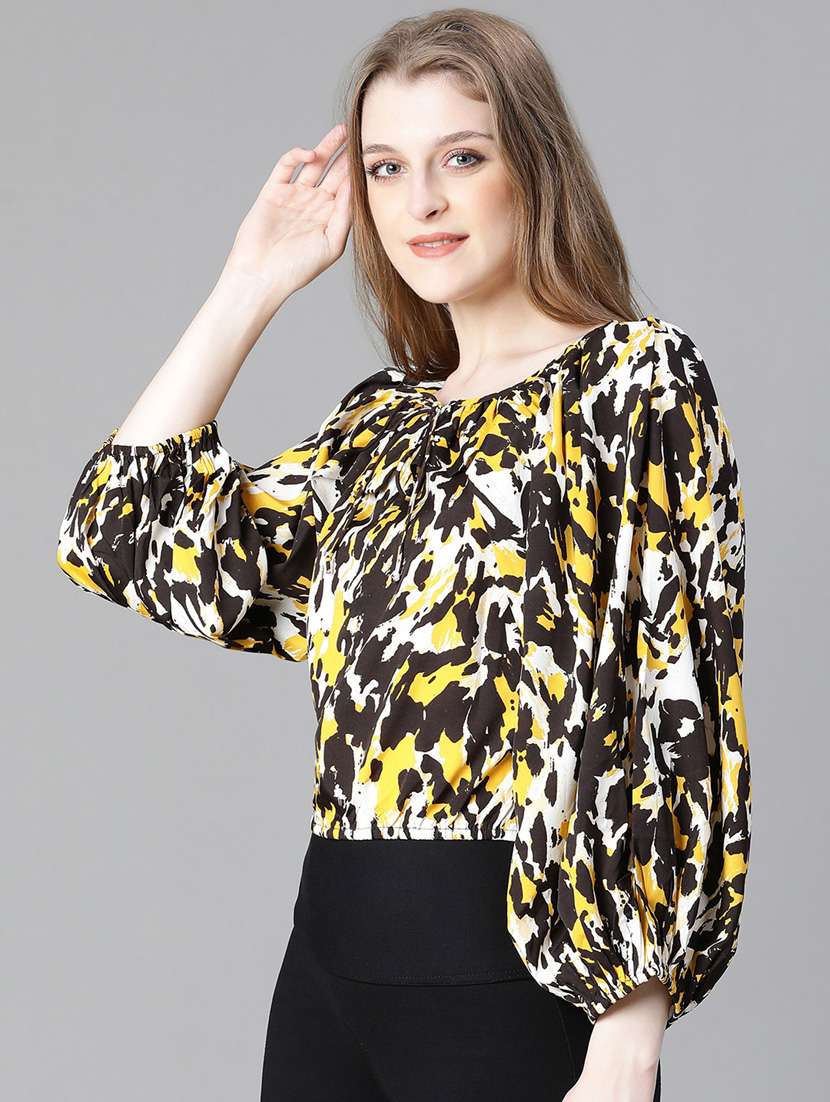 women printed tie up neck blouson top - 20615220 - Standard Image - 2