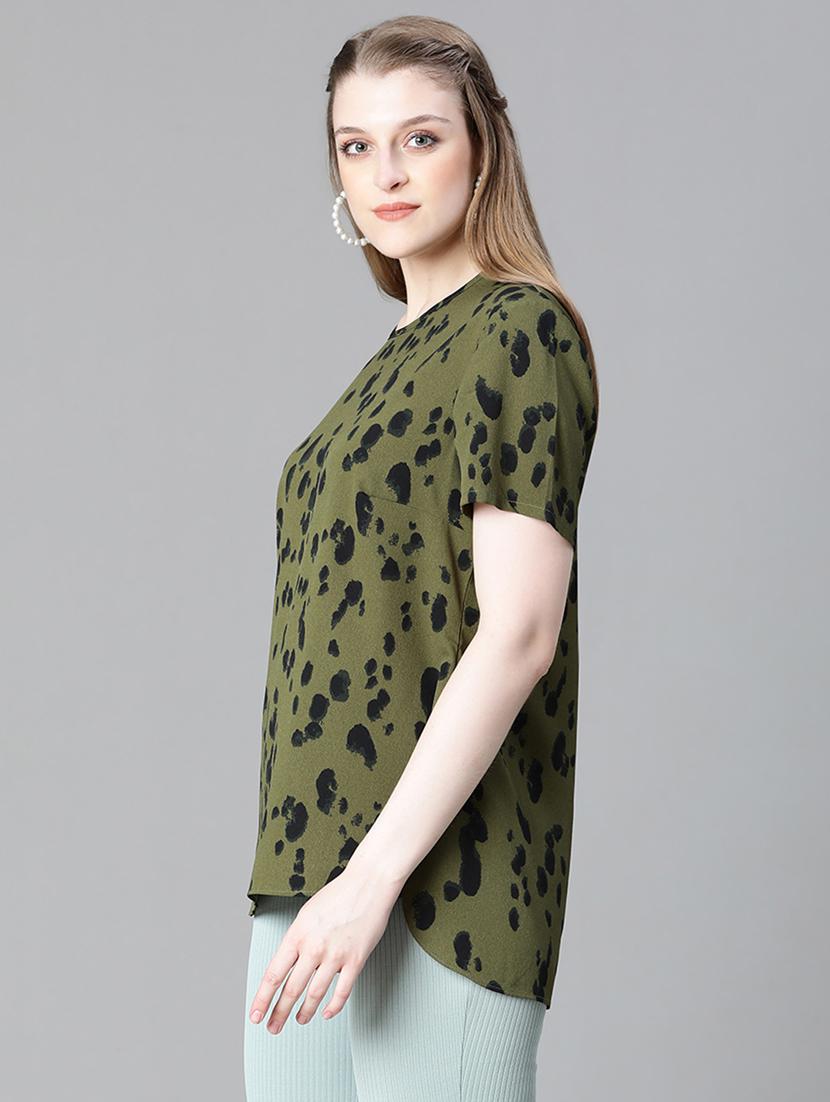 women round neck green printed regular top - 20615236 - Standard Image - 2