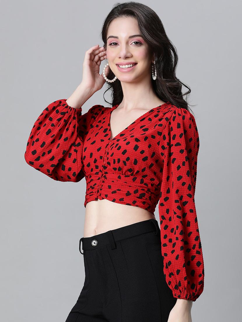 women animal print bishop sleeves top - 20615238 - Standard Image - 2