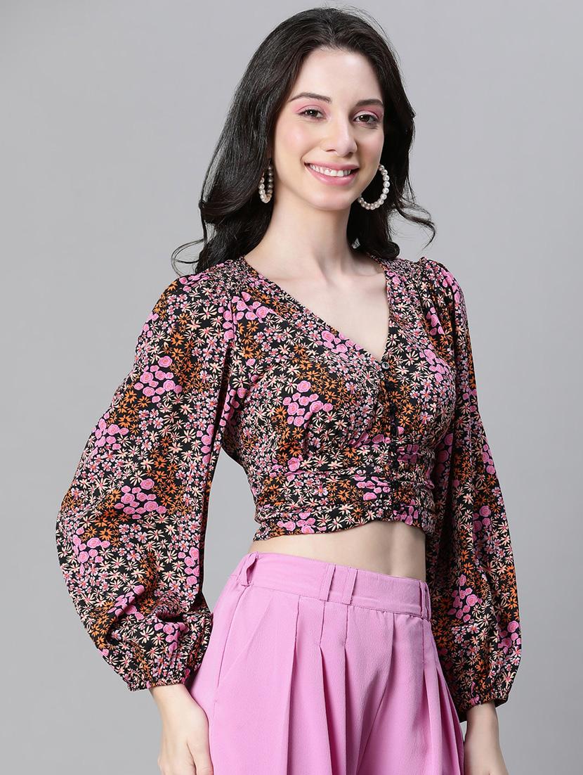 women floral print bishop sleeves top - 20615239 - Standard Image - 2