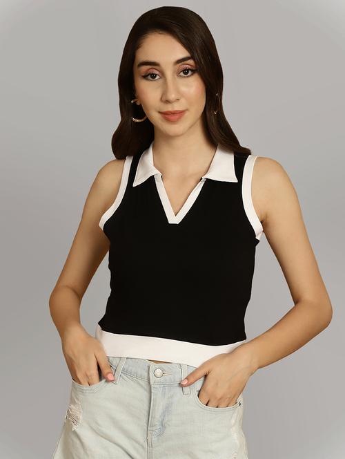 women black colourblock detailed crop top - 20615250 -  Standard Image - 0