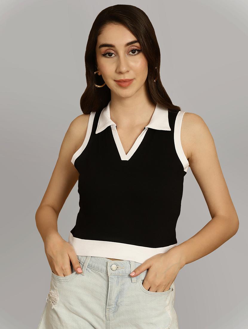 women black colourblock detailed crop top - 20615250 -  Zoom Image - 0