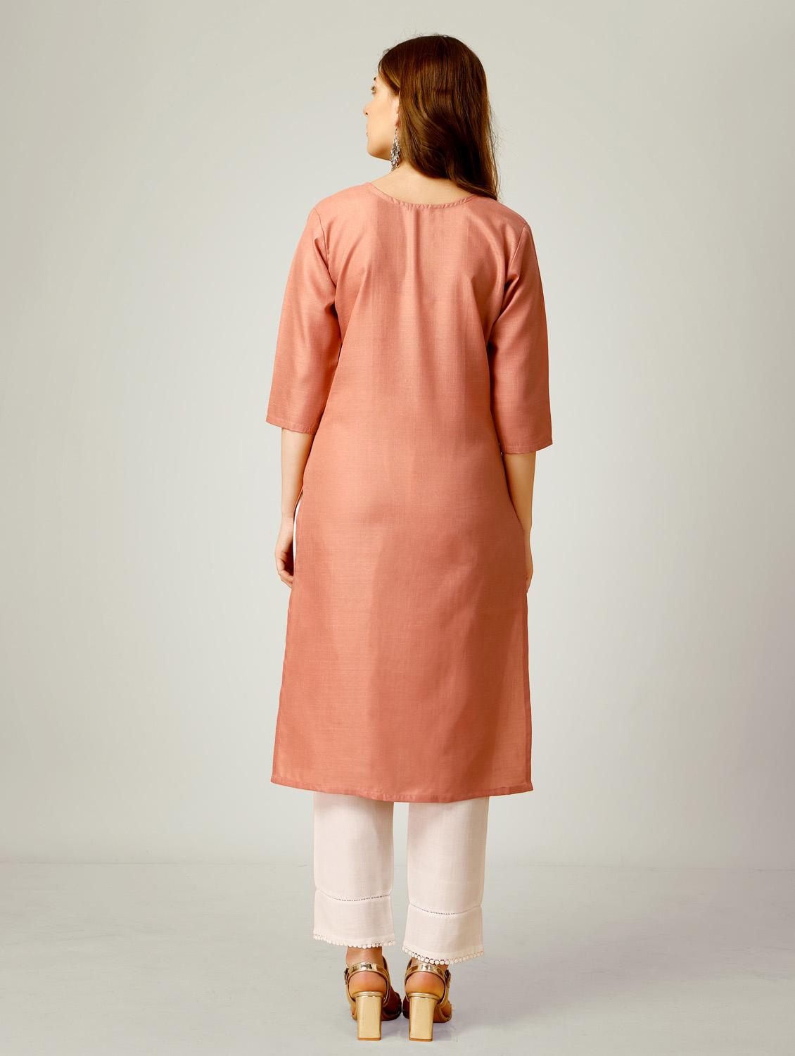 peach three quarter sleeve kurta pant set - 20615253 - Standard Image - 2