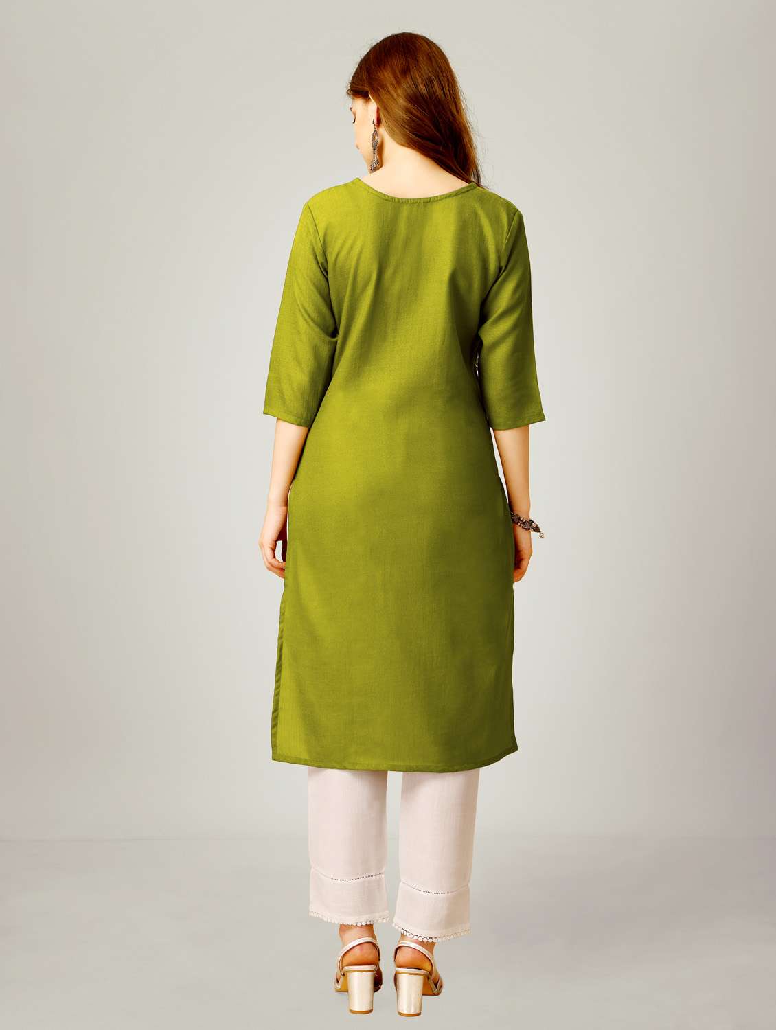 green three quarter sleeve kurta pant set - 20615257 - Standard Image - 2