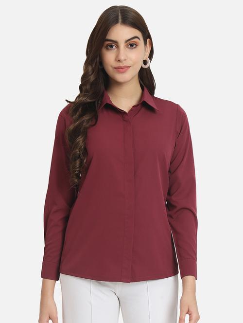 women burgundy solid formal shirt - 20615260 - Standard Image - 0