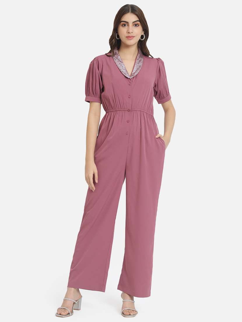 women mauve sequined full leg jumpsuit