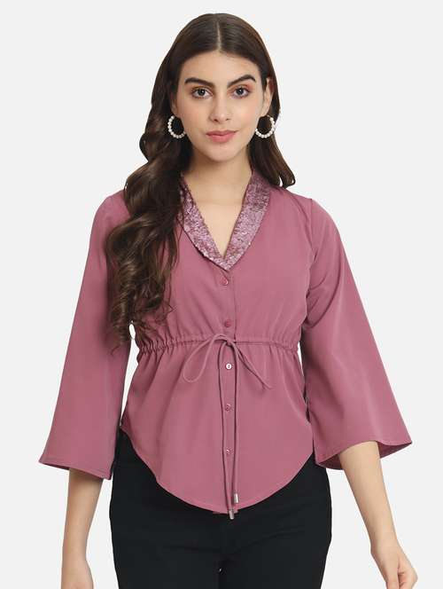 women sequined neck button detailed top - 20615793 -  Standard Image - 0