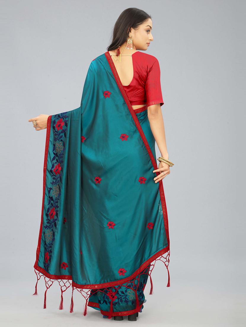 women teal embroidered saree with blouse - 20620517 - Standard Image - 2