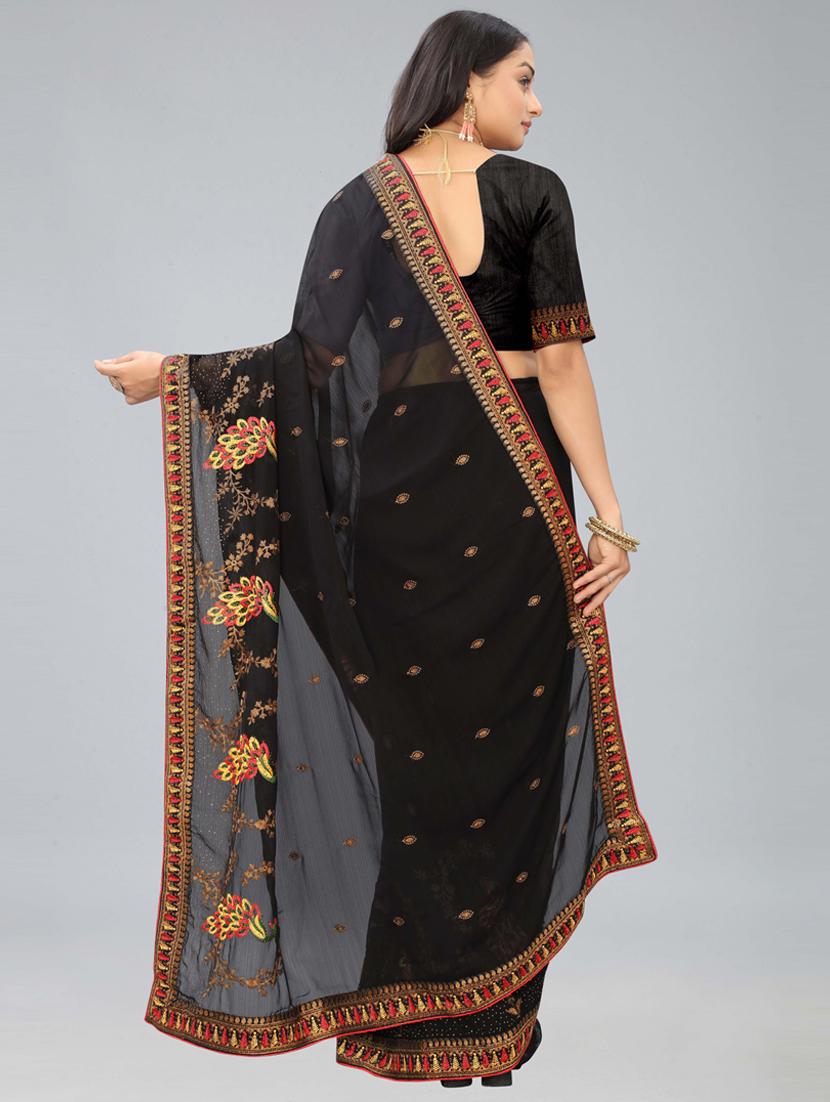 women black embroidered saree with blouse - 20620539 - Standard Image - 2