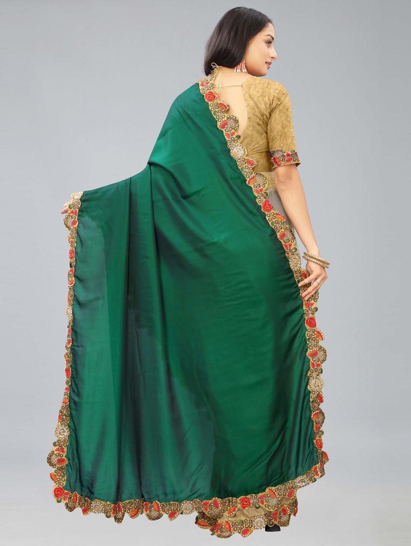 women green embroidered lace work saree with blouse - 20620546 - Standard Image - 2
