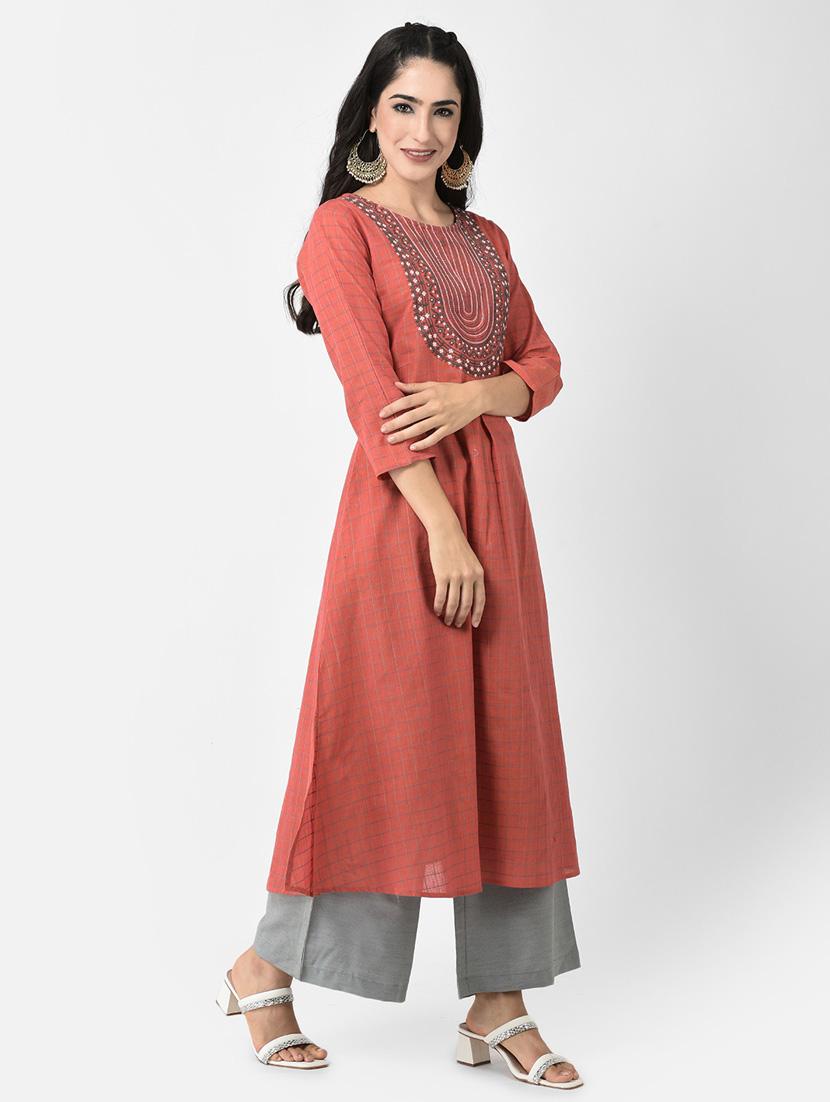 red three quarter sleeve a-line kurta - 20620634 - Standard Image - 2