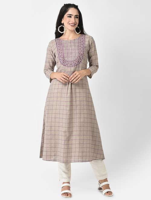 women beige round neck a-line kurta - 20620635 - Standard Image - 0