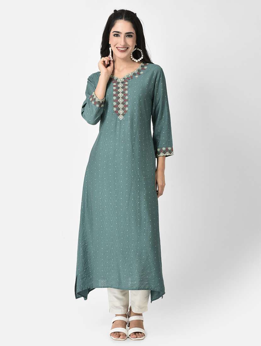 teal three quarter sleeve a-line kurta