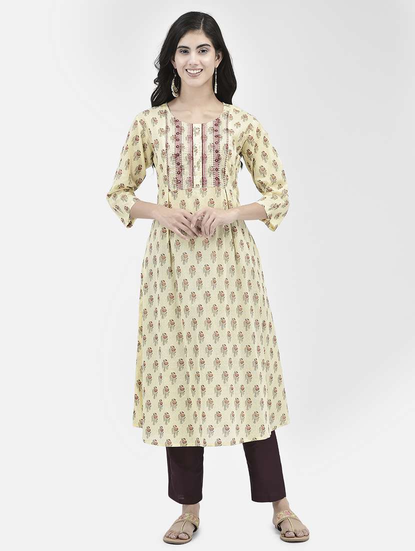 yellow three quarter sleeve a-line kurta - 20620642 - Zoom Image - 0