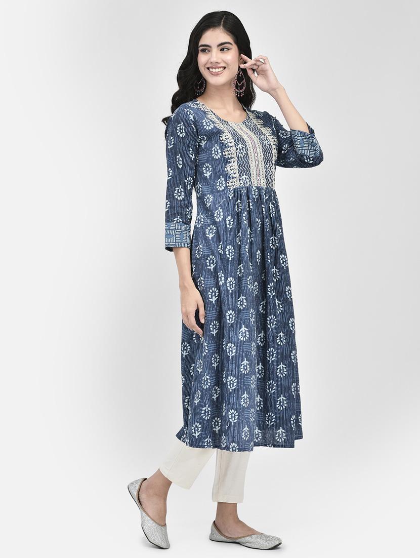 navy blue three quarter sleeve a-line kurta - 20620643 - Standard Image - 2
