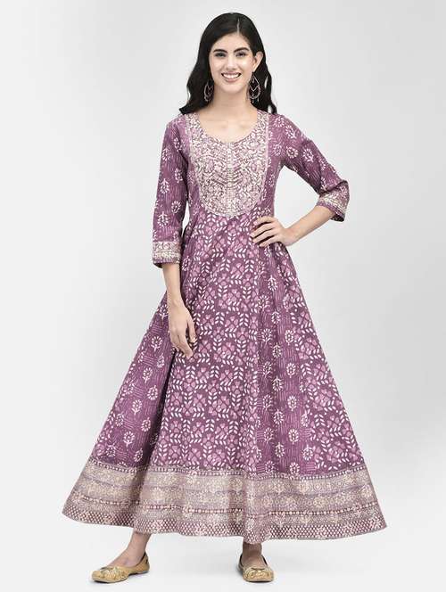 women purple round neck a-line kurta - 20620644 - Standard Image - 0