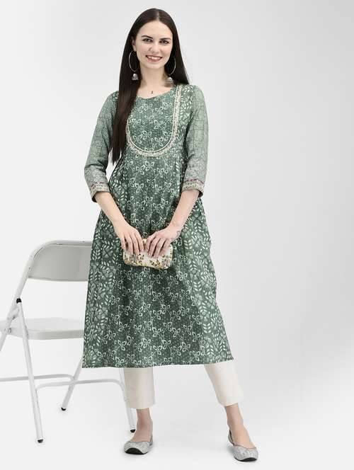 green three quarter sleeve a-line kurta - 20620645 - Standard Image - 0