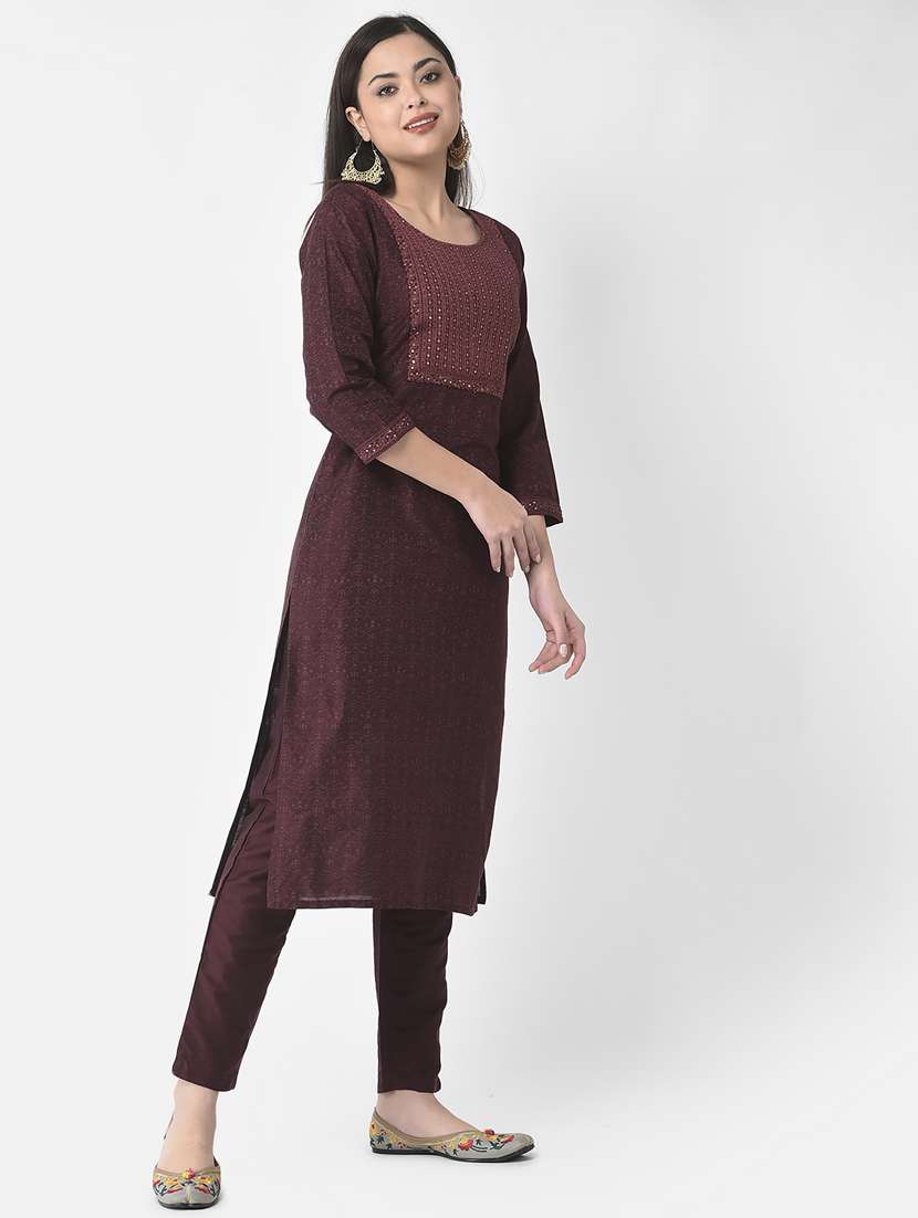women burgundy round neck straight kurta - 20621614 -  Standard Image - 2