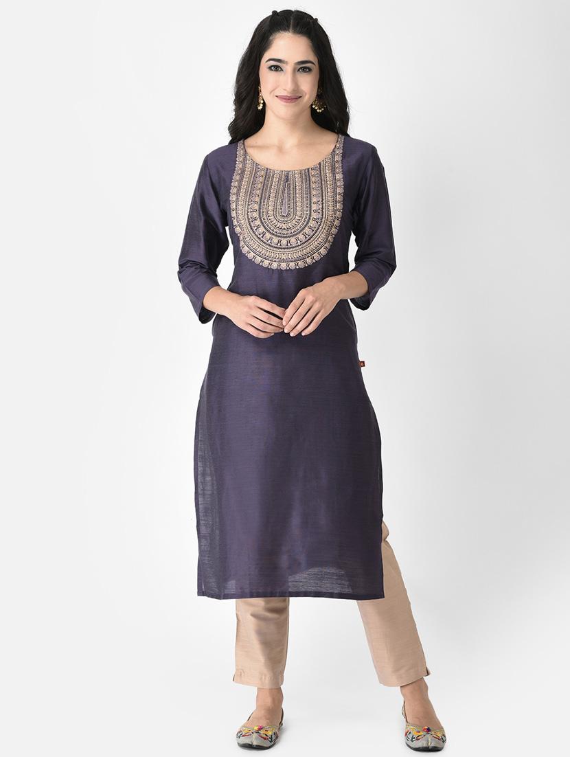 women yoke embroidered straight kurta - 20621672 - Zoom Image - 0
