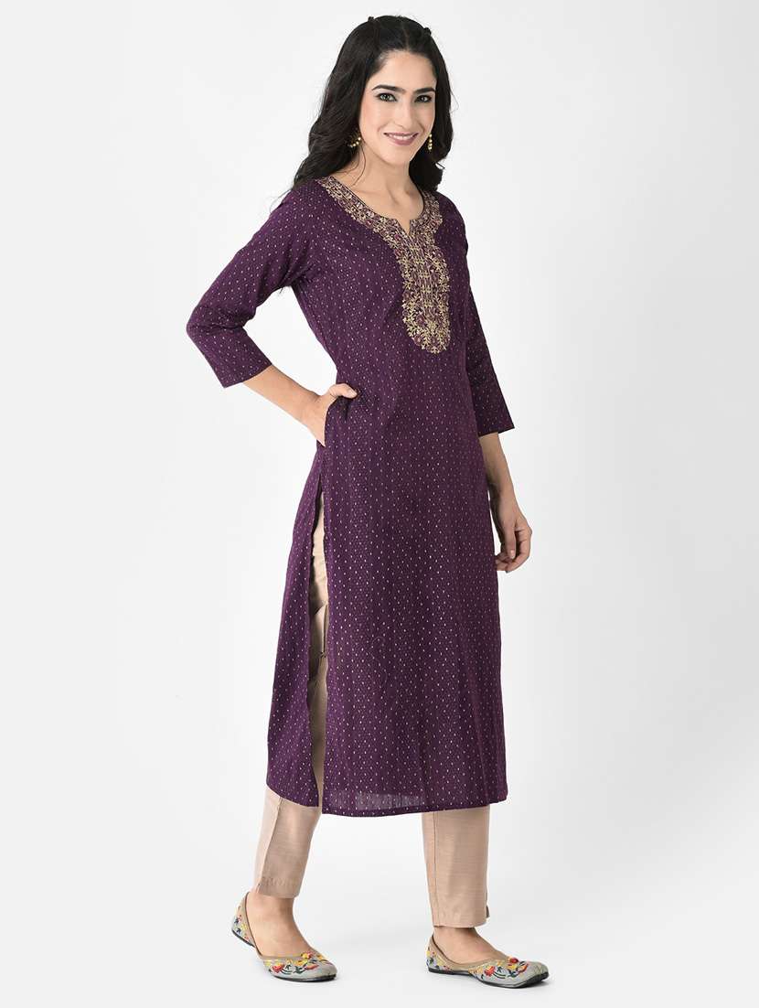 purple three quarter sleeve straight kurta - 20621673 - Standard Image - 2