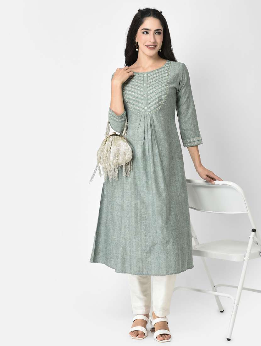 grey three quarter sleeve a-line kurta - 20621674 - Zoom Image - 0