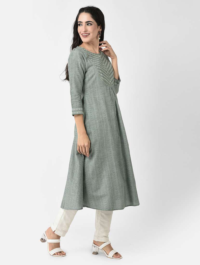 grey three quarter sleeve a-line kurta - 20621674 - Standard Image - 2
