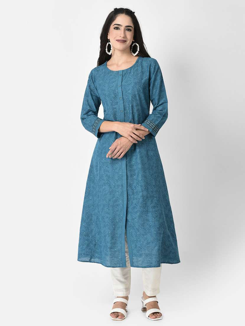 blue three quarter sleeve a-line kurta - 20621679 -  Zoom Image - 0