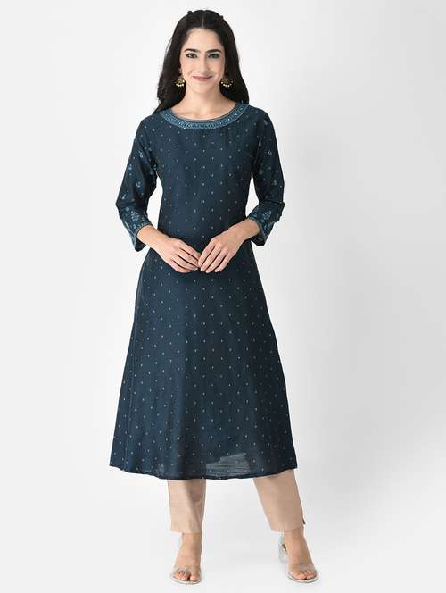 women teal round neck a-line kurta - 20621680 -  Standard Image - 0