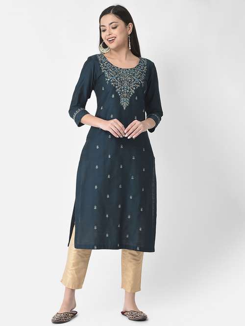 teal three quarter sleeve straight kurta - 20621681 -  Standard Image - 0