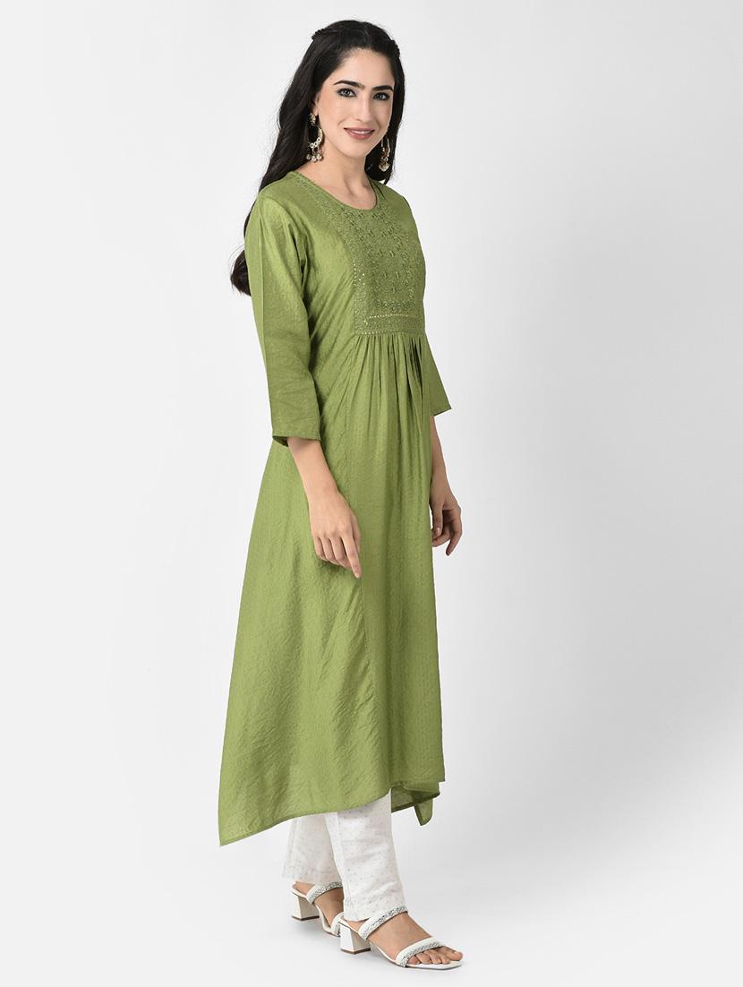 women green round neck a-line kurta - 20621688 - Standard Image - 2
