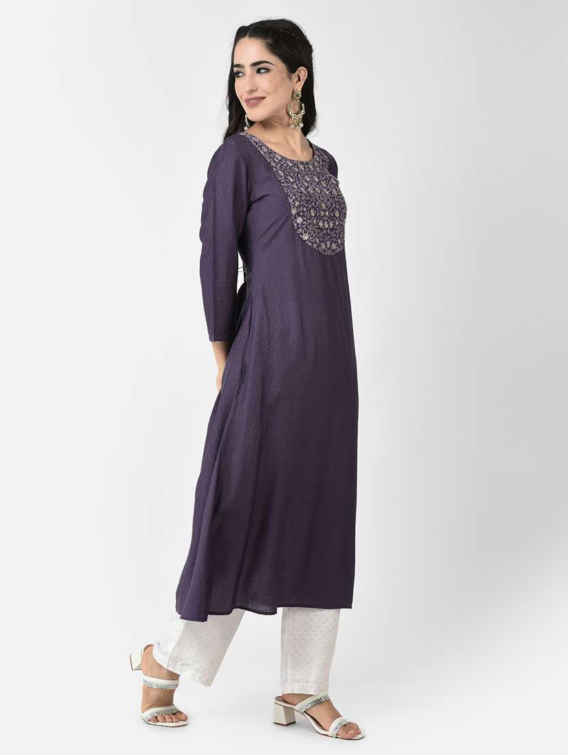 women purple round neck a-line kurta - 20621689 -  Standard Image - 2