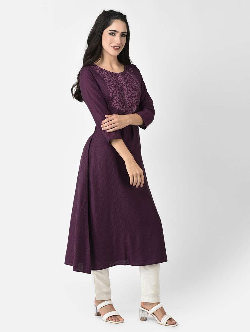 women purple round neck a-line kurta - 20621692 -  Standard Image - 2