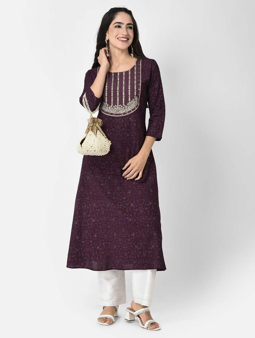 women purple round neck a-line kurta