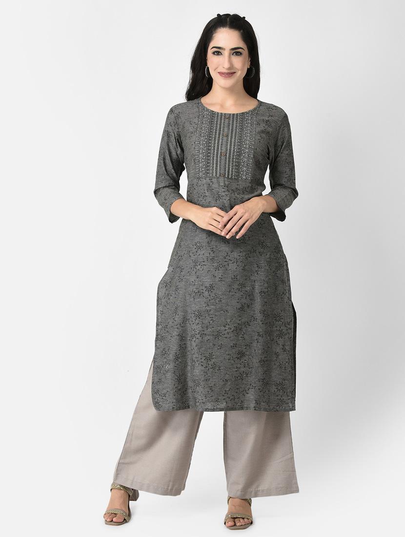 women grey round neck straight kurta - 20621695 -  Zoom Image - 0