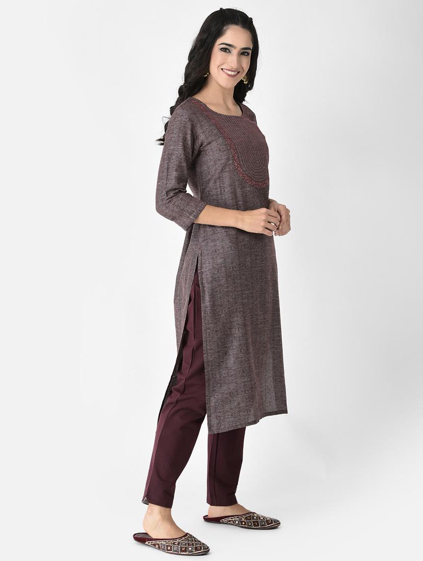 women grey round neck straight kurta - 20621704 - Standard Image - 2