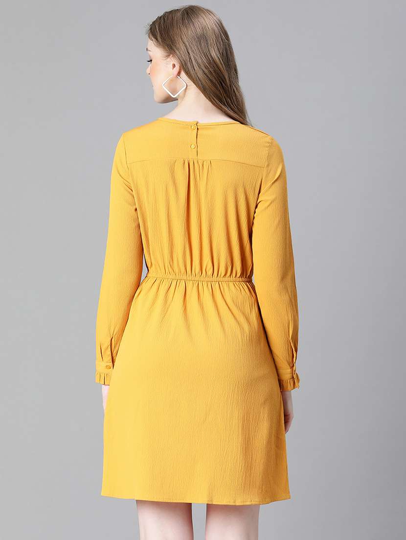 women solid yellow detailed a-line dress - 20622629 -  Standard Image - 2