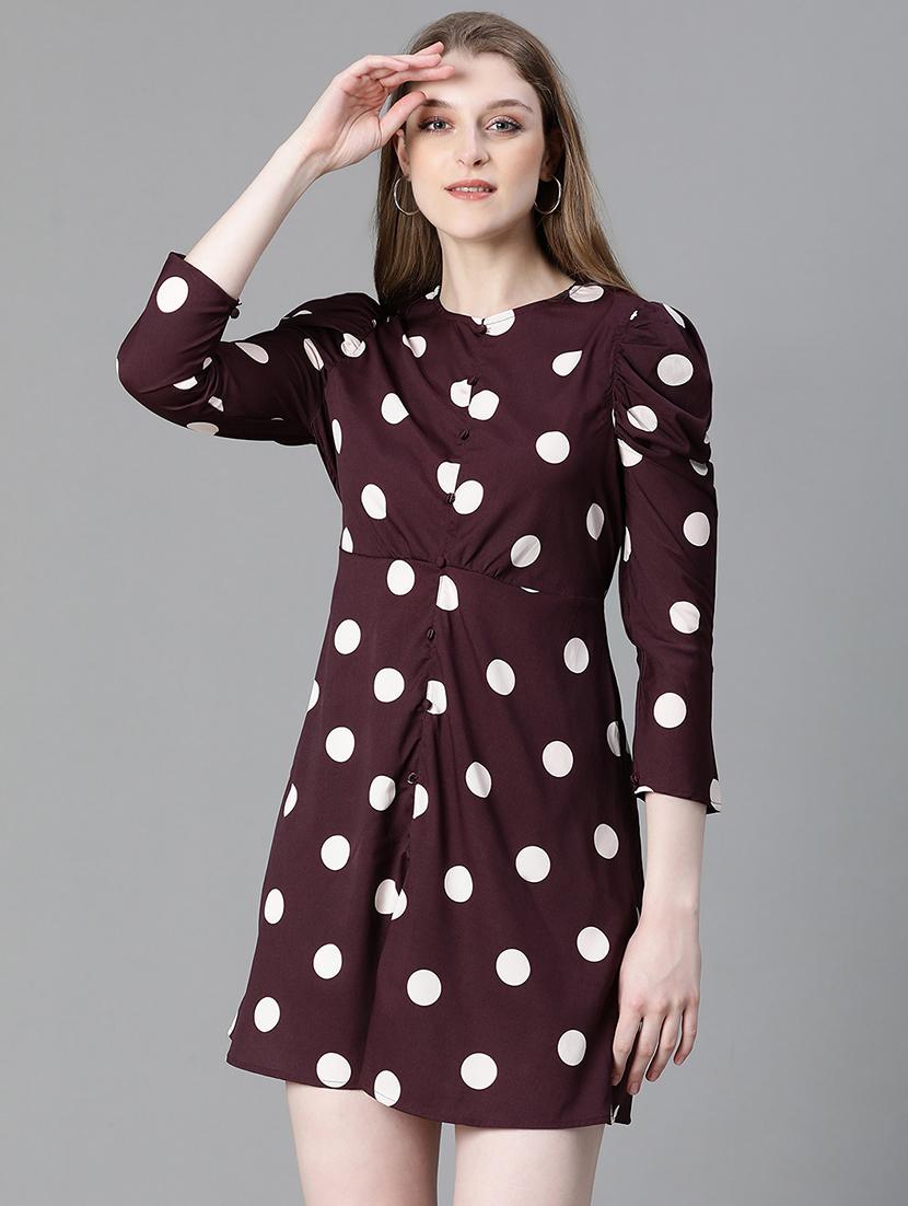 women brown polka dots printed button detailed dress - 20622636 - Zoom Image - 0