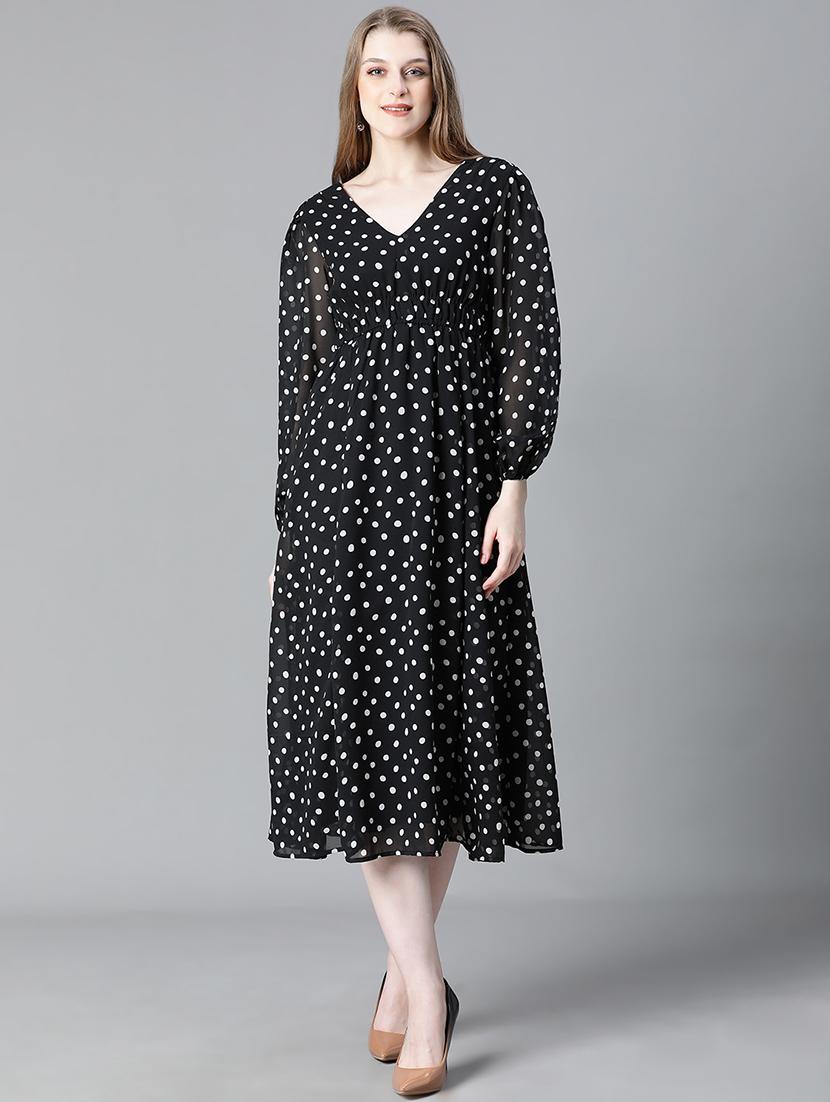 black polka dots printed midi dress - 20622640 - Zoom Image - 0