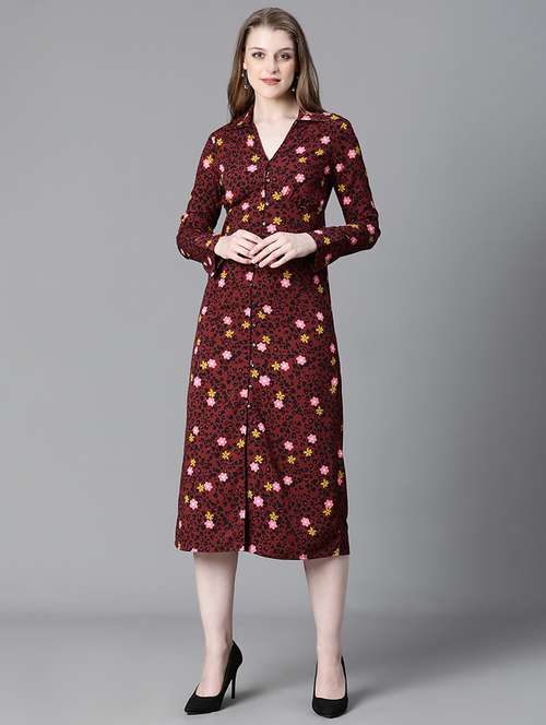 maroon printed button detailed midi dress - 20622647 -  Standard Image - 0