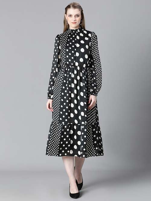 black polka dots printed midi dress - 20622650 - Standard Image - 0