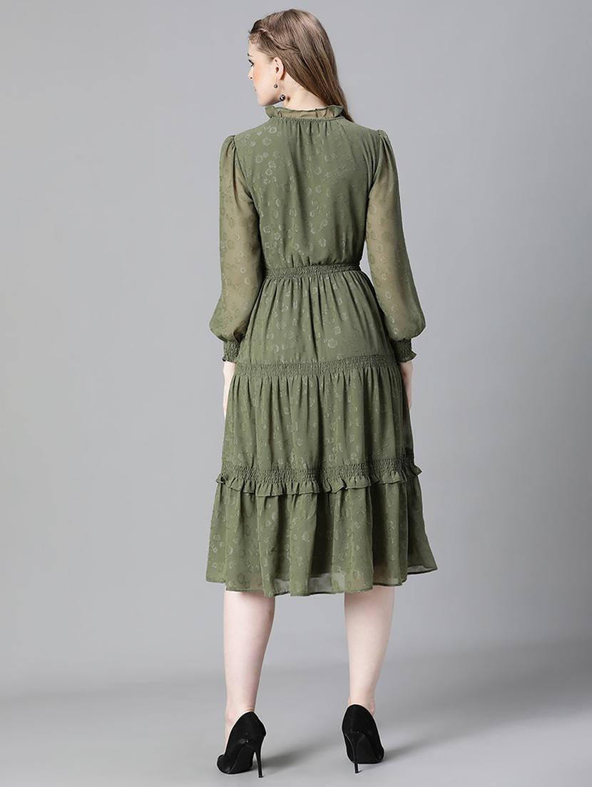 olive green self design tiered midi dress - 20622653 - Standard Image - 2