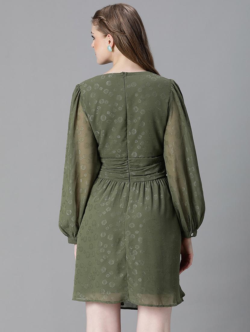 olive green self design belt detailed dress - 20622655 - Standard Image - 2