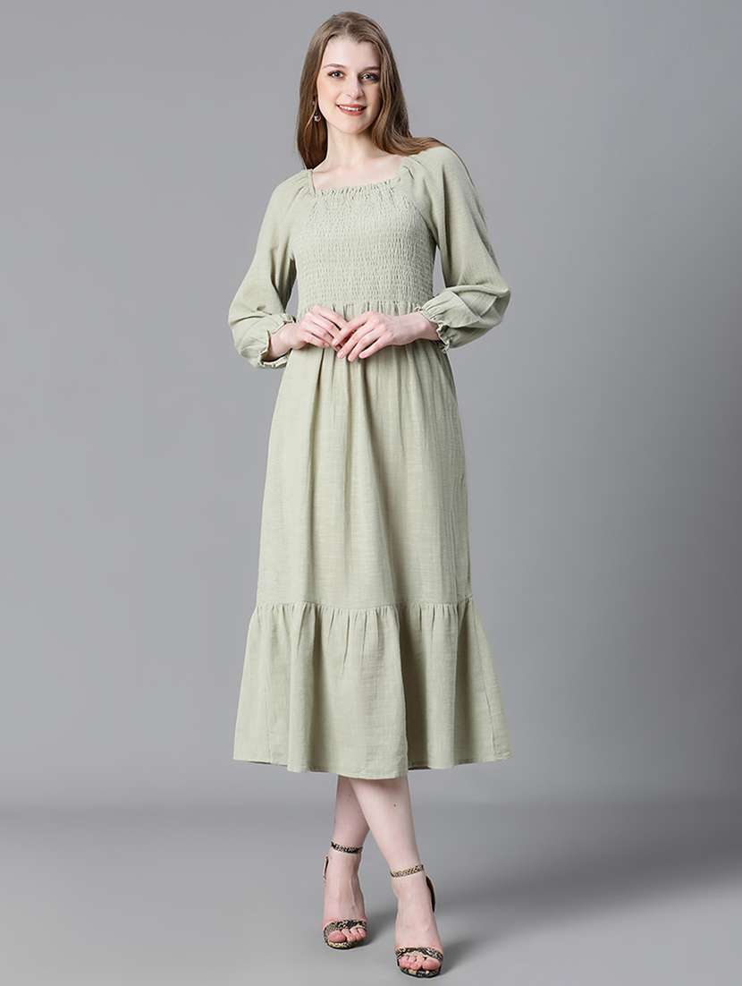 green smocked detailed a-line midi dress