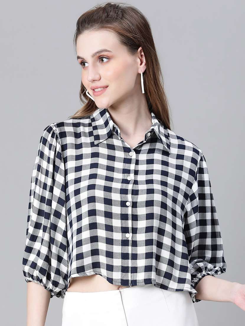 women checkered puff sleeves shirt