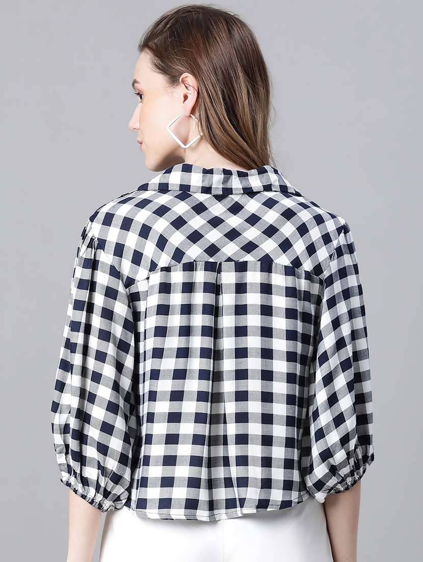 women checkered puff sleeves shirt - 20623332 -  Standard Image - 2