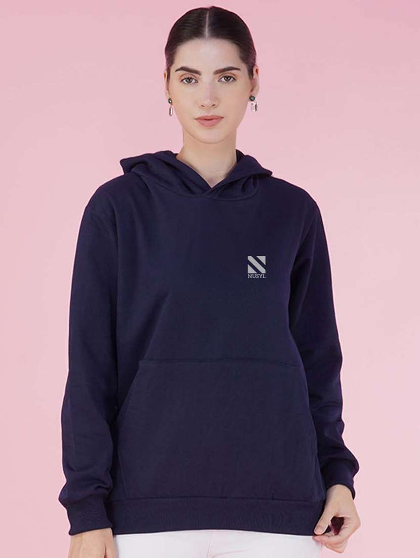 navy blue long sleeve hooded sweatshirt