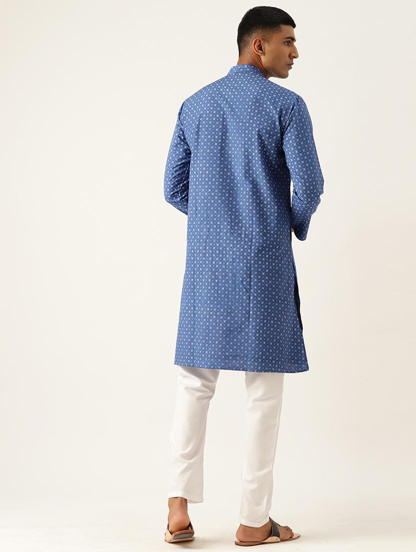 men blue & white printed kurta pyjama set - 20625332 - Standard Image - 2