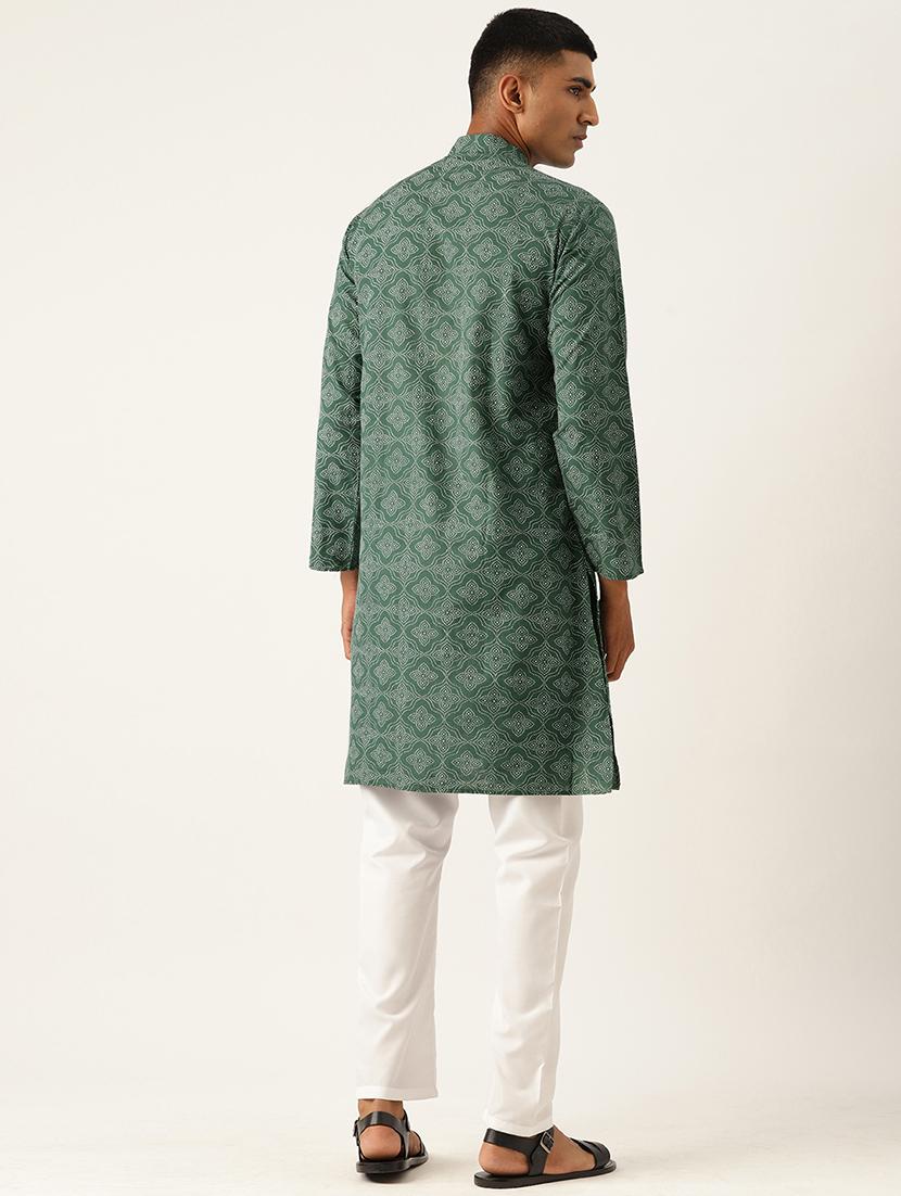 men green & white printed kurta pyjama set - 20625333 - Standard Image - 2