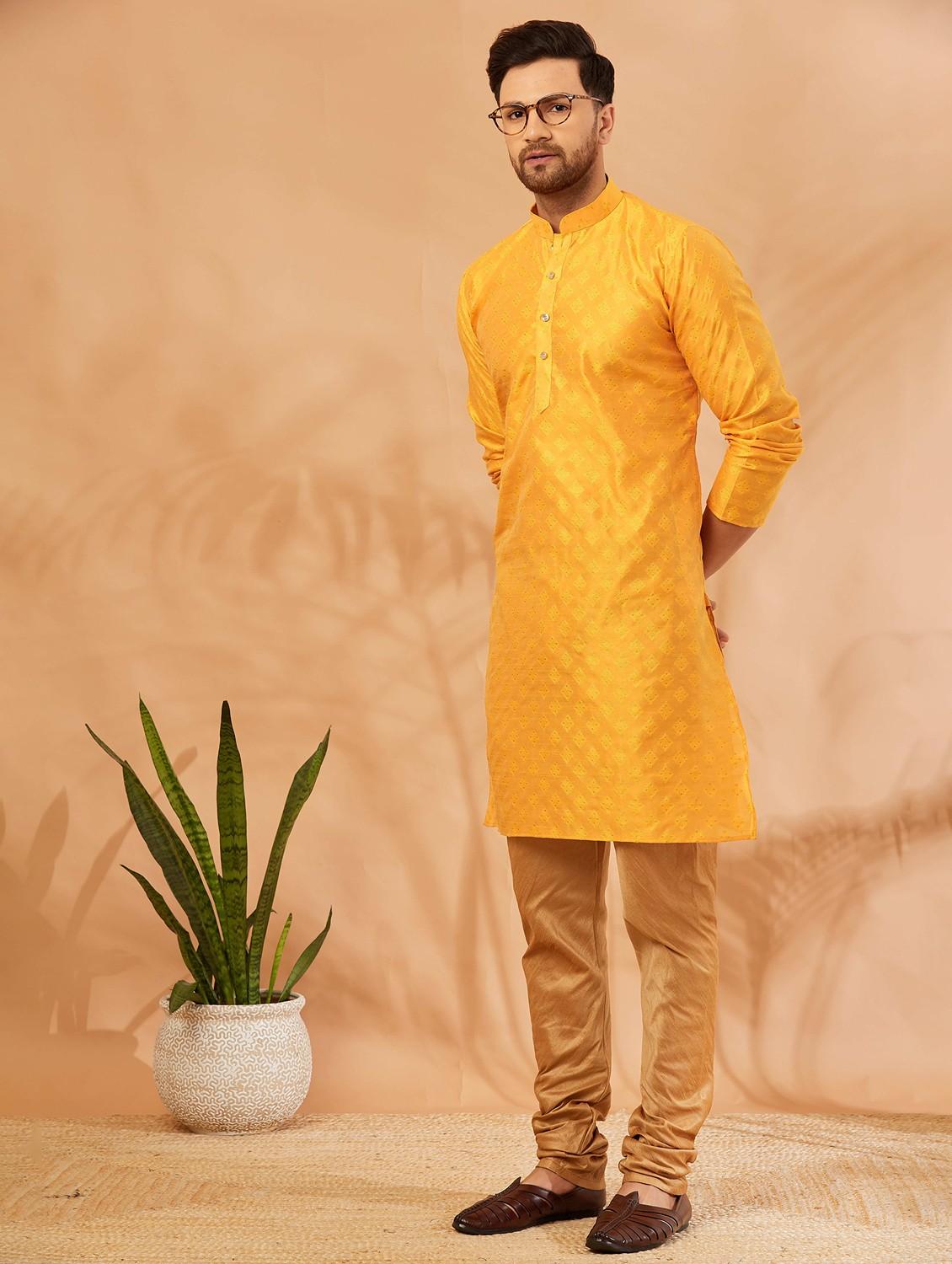 men mustard & gold self design kurta churidar set - 20625346 - Standard Image - 2